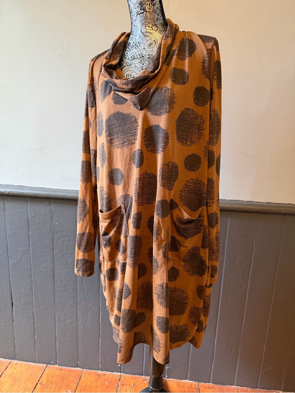 Cowl-Neck Long Sleeve Dress in Rust with Brown Dot Print